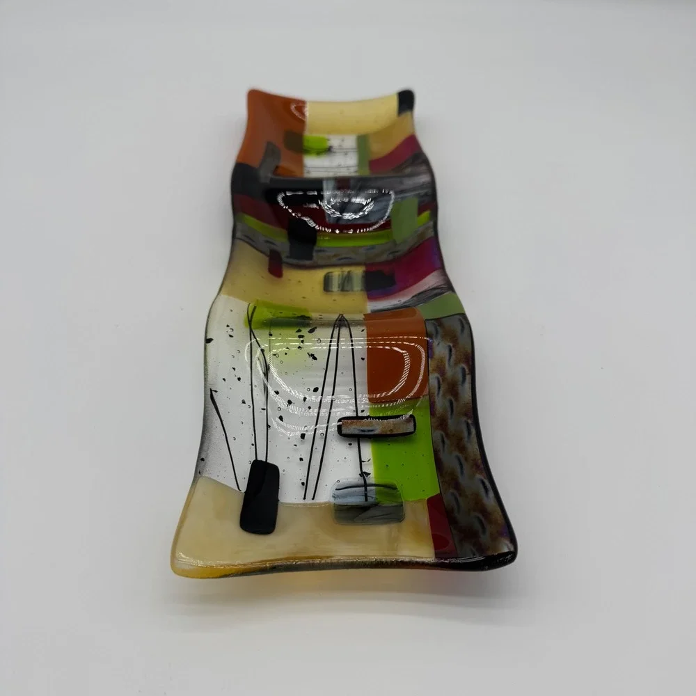Lauren Goldfield '92 Fused Art Glass Tray Plate Colorful Abstract Design Devided